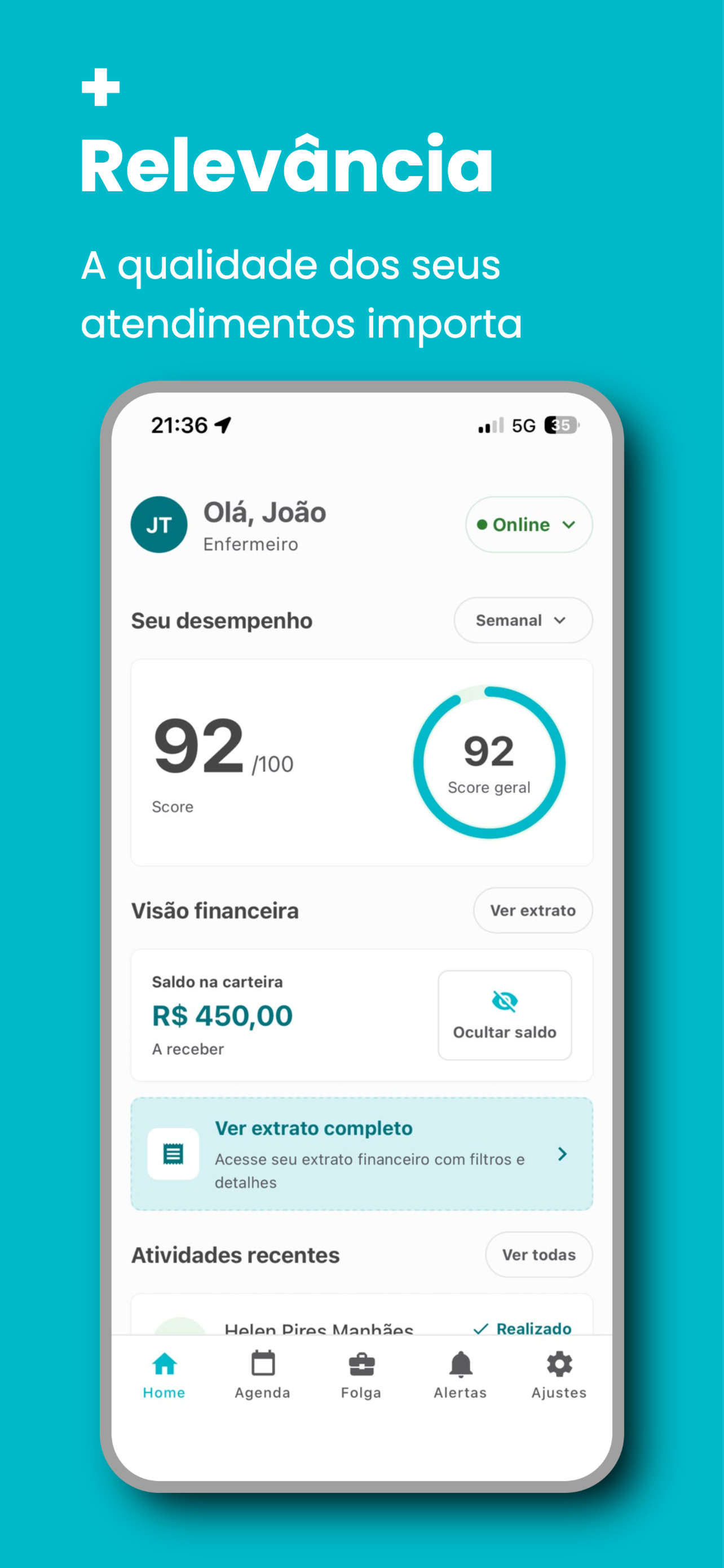 Tela inicial do app Medicado com score e visão financeira
